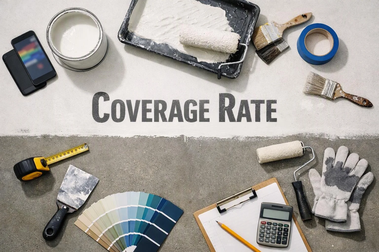 Painting tools and supplies surround the words Coverage Rate on a split white and gray work surface