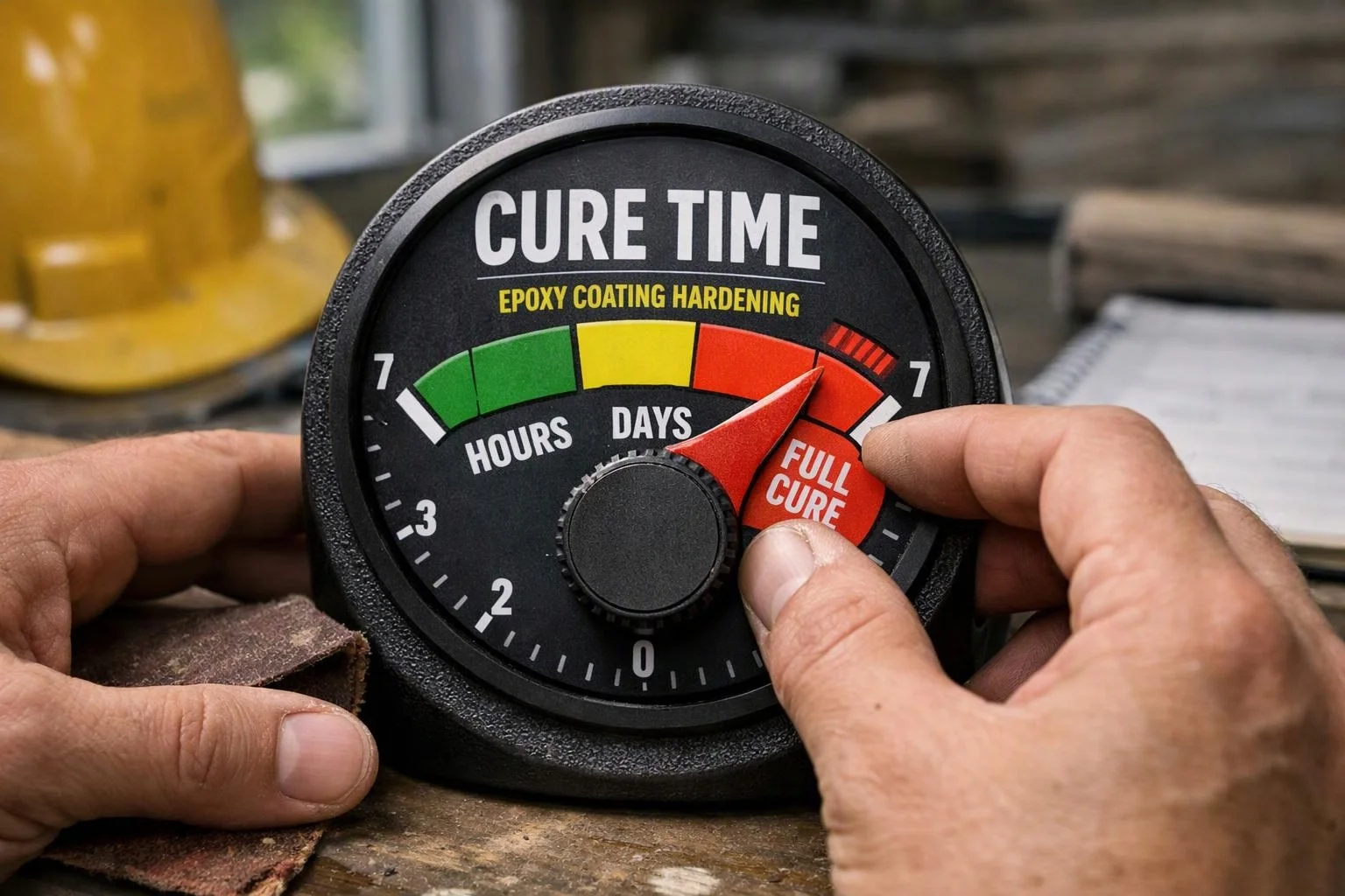 Hands adjust a gauge labeled cure time for epoxy coating hardening on a workbench outdoors
