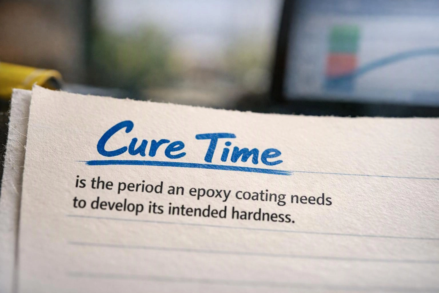 A close-up paper page shows the heading "Cure Time" with a short epoxy coating definition underneath