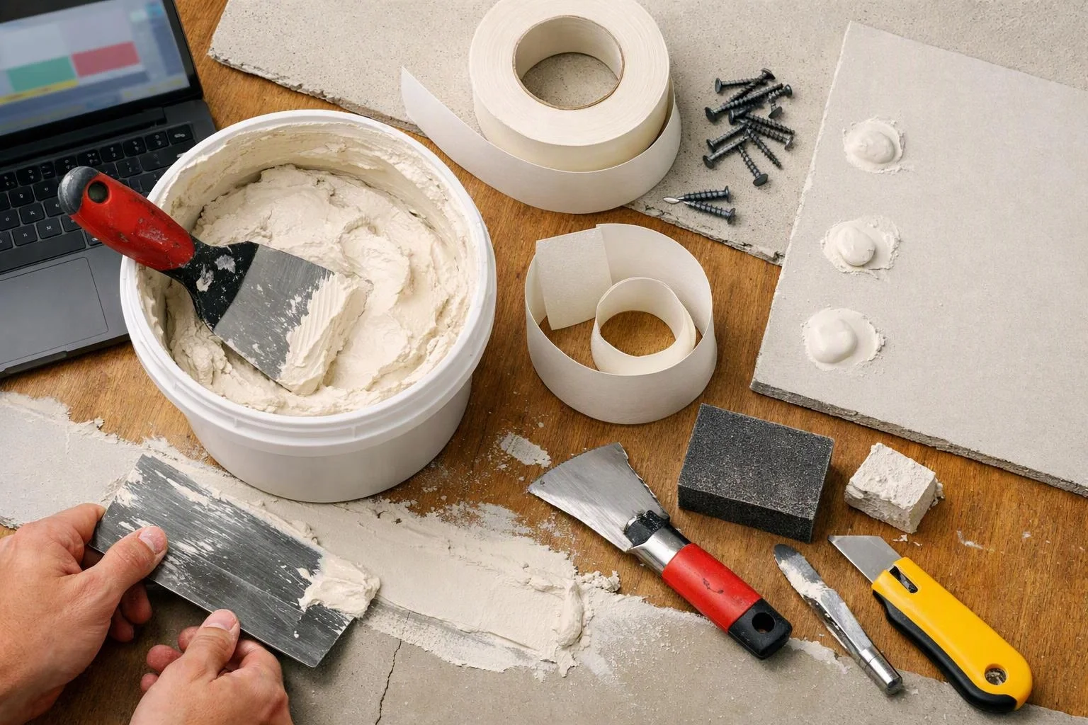 A hand spreads white joint compound on drywall beside putty knives, screws, tape, and a laptop on a wooden workbench