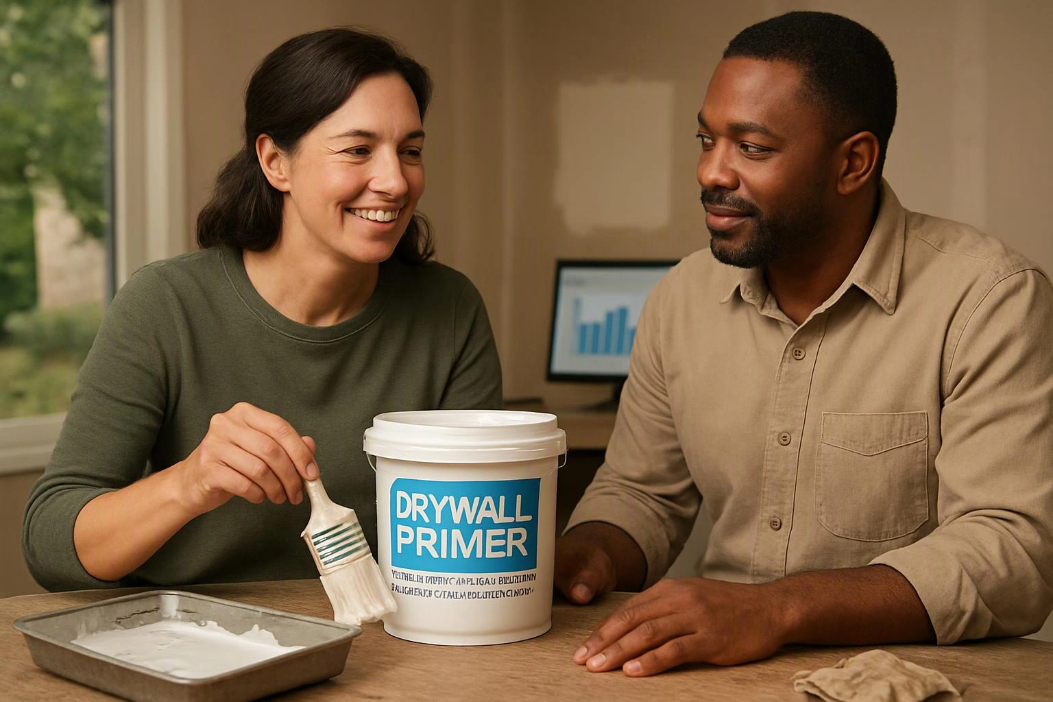 Two people sit at a table with a drywall primer bucket, one holding a brush over white paint