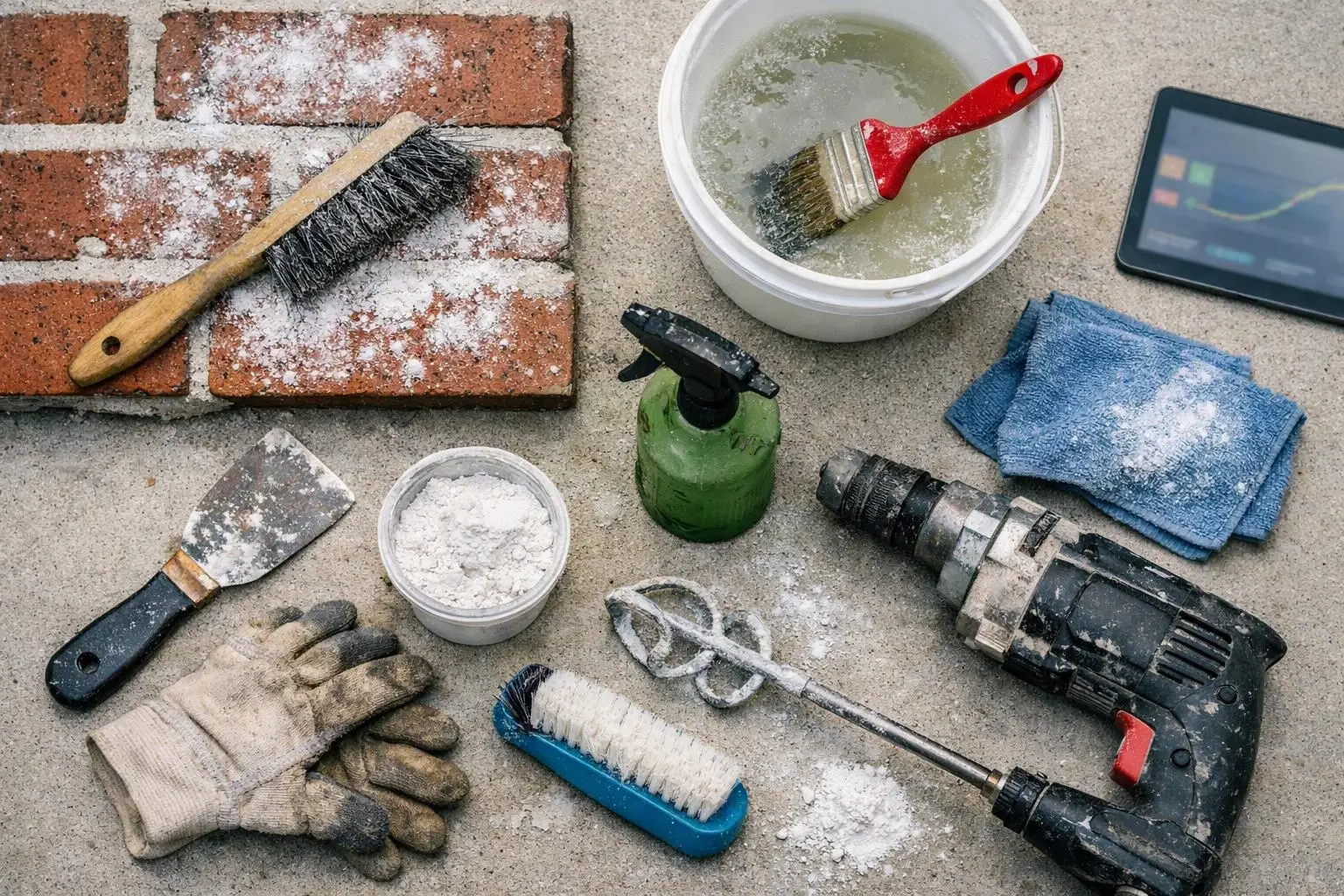 Tools and cleaning supplies for scrubbing bricks and mixing plaster lie on a dusty concrete floor
