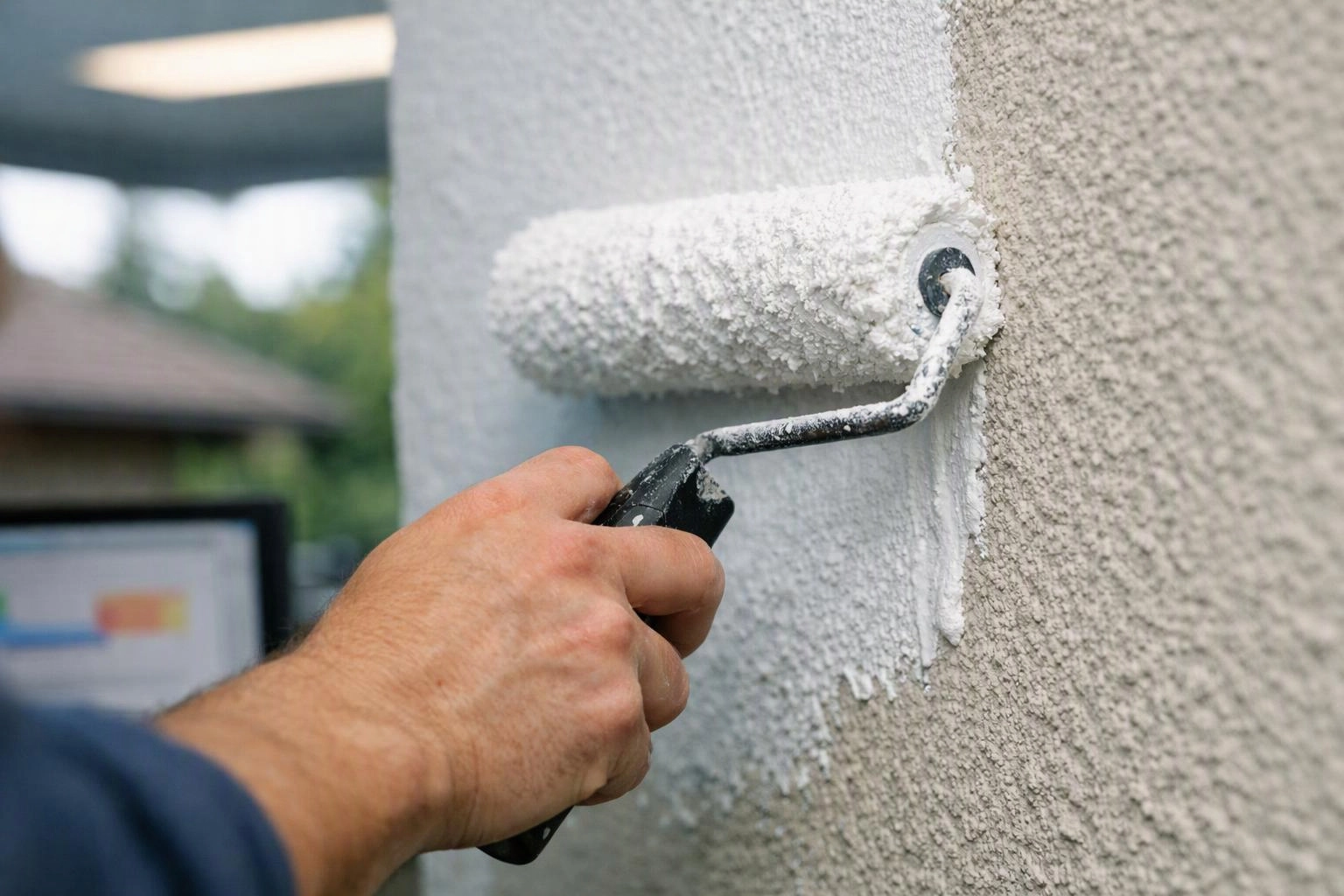 A hand rolls white paint onto a rough exterior wall with a small roller