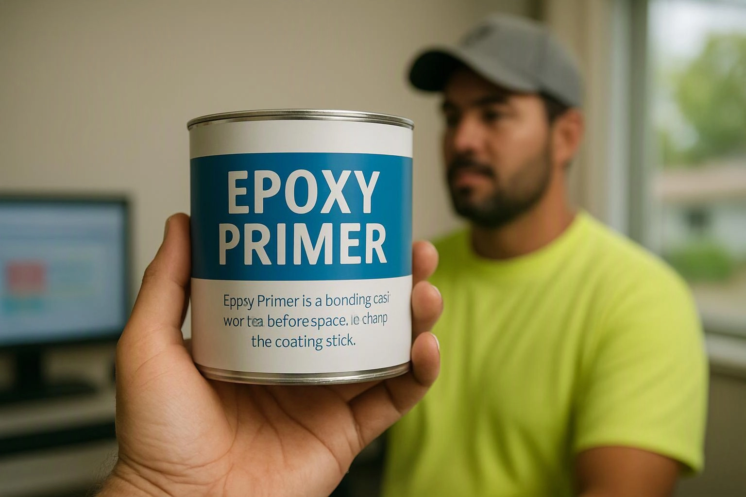 A hand holds an epoxy primer can in front of a blurred man indoors