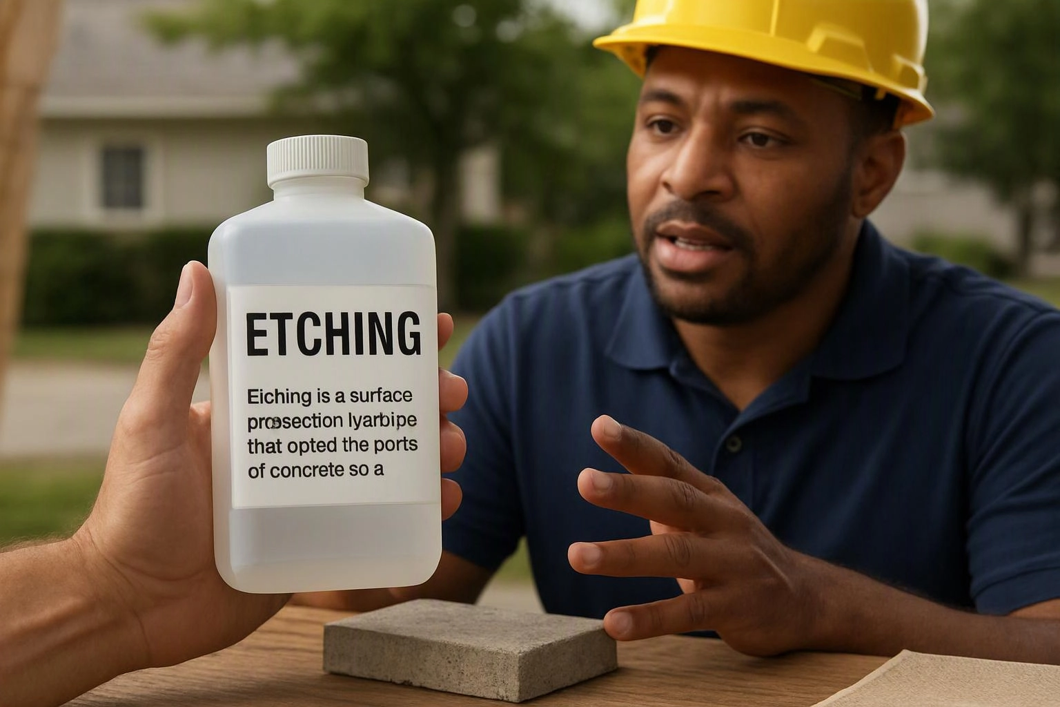 A man in a yellow hard hat examines a bottle labeled “ETCHING” beside a concrete block outdoors