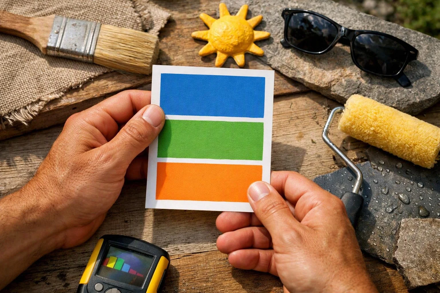 Hands hold a card with blue, green, and orange bars beside paint tools on a wooden surface