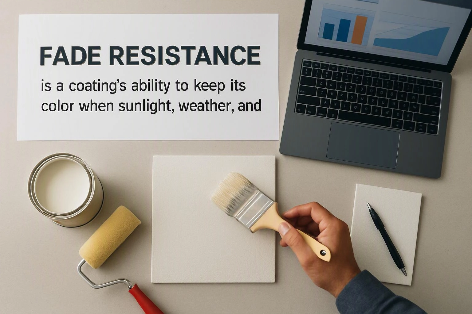 A hand paints a white sample beside a can, roller, pen, laptop charts, and a sign about fade resistance