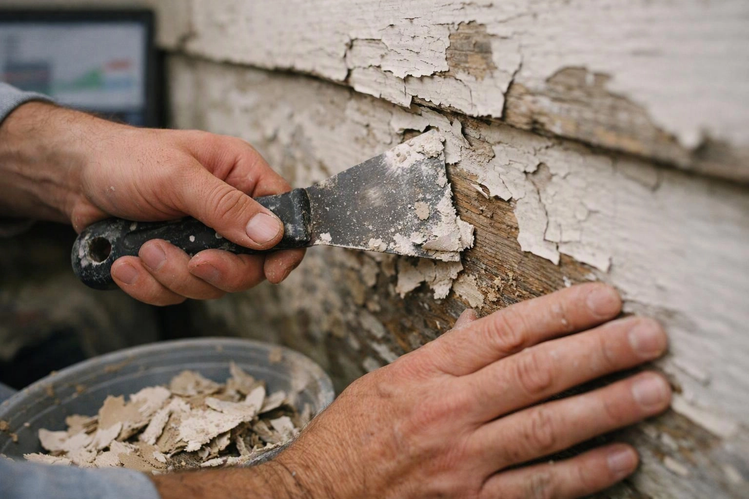 Hands scrape peeling paint from a damaged wall with a putty knife, collecting flakes in a bucket