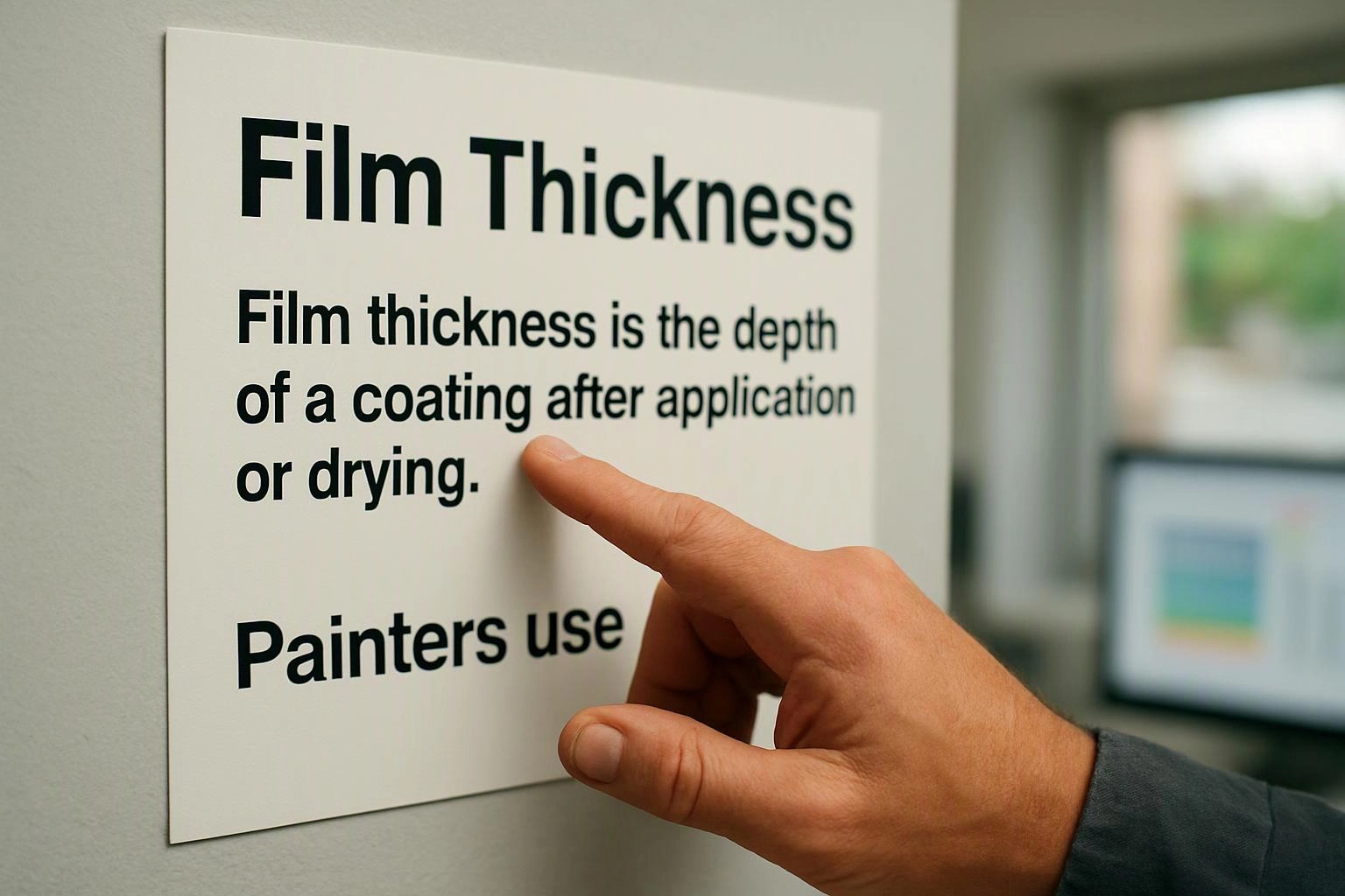 A hand points at a wall sign explaining film thickness in a bright indoor space