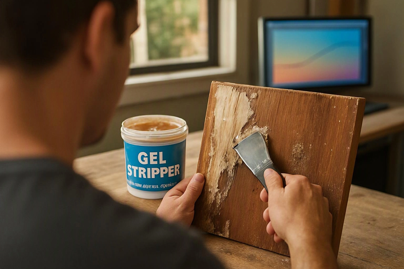 A person scrapes paint from a wooden board beside a container labeled gel stripper in a workshop room