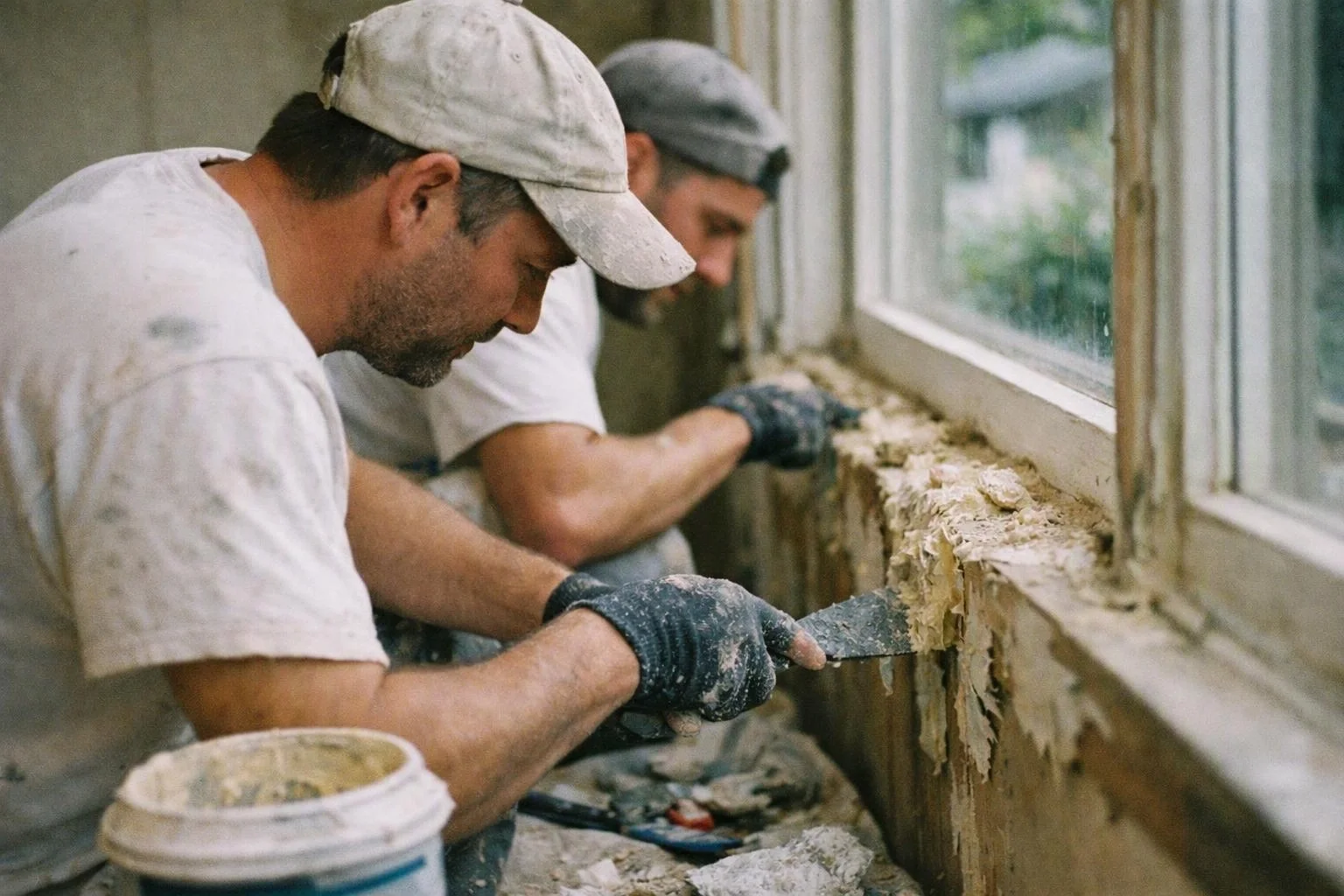 Two men scrape old plaster from a wall beside a window in a renovation room