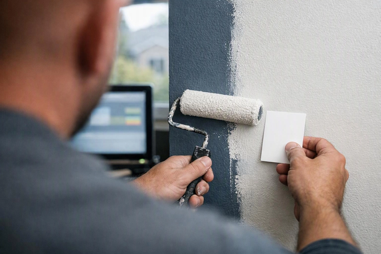 A person paints a wall with a roller while holding a color sample card beside the fresh coat