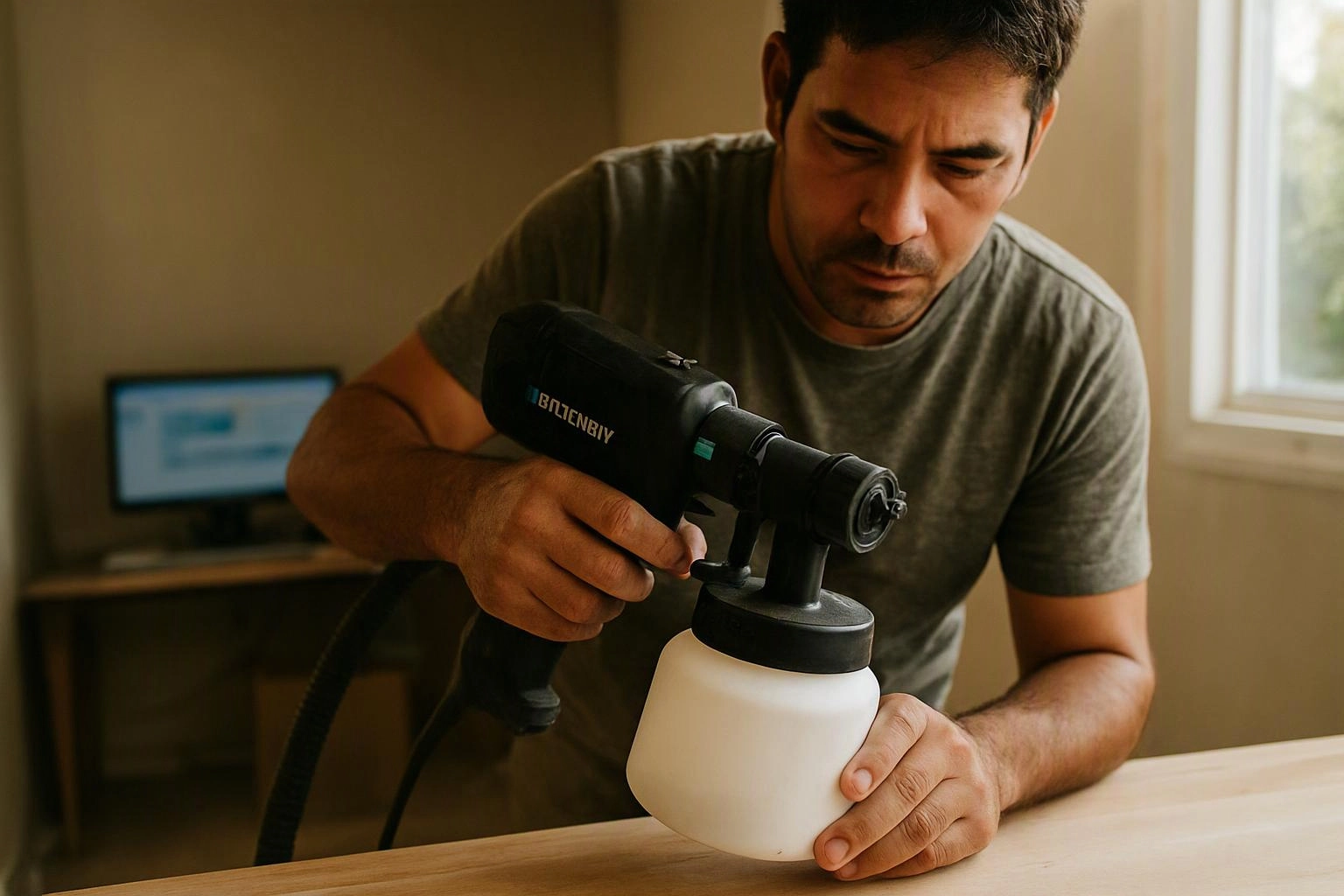 A man sprays a white container with a handheld paint sprayer at a wooden table inside a room