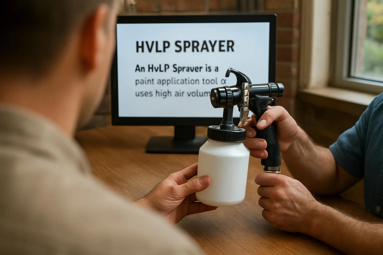 Two people inspect a paint sprayer at a wooden table, with a screen showing “HVLP SPRAYER” in the background