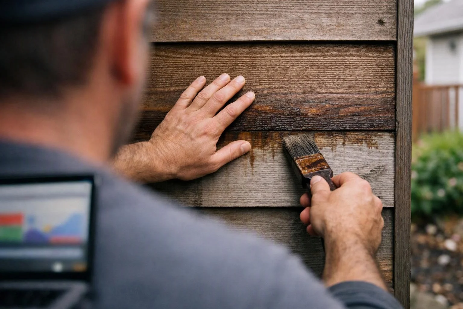 A person paints weathered wooden siding with a brush outdoors, steadying the wall with one hand