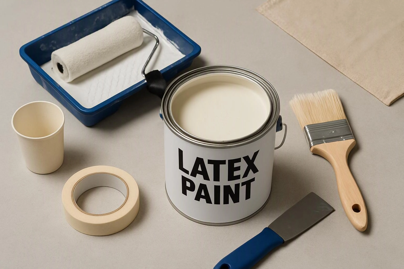 Painting supplies on a gray surface include a latex paint can, roller tray, brush, tape, cup, and putty knife