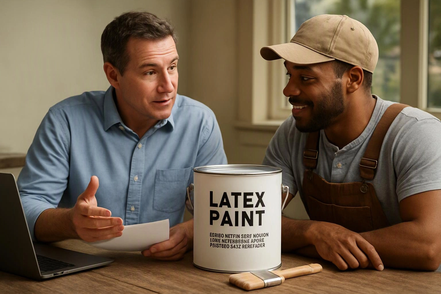 Two men talk at a table beside a can labeled “LATEX PAINT” and a paintbrush in a bright room