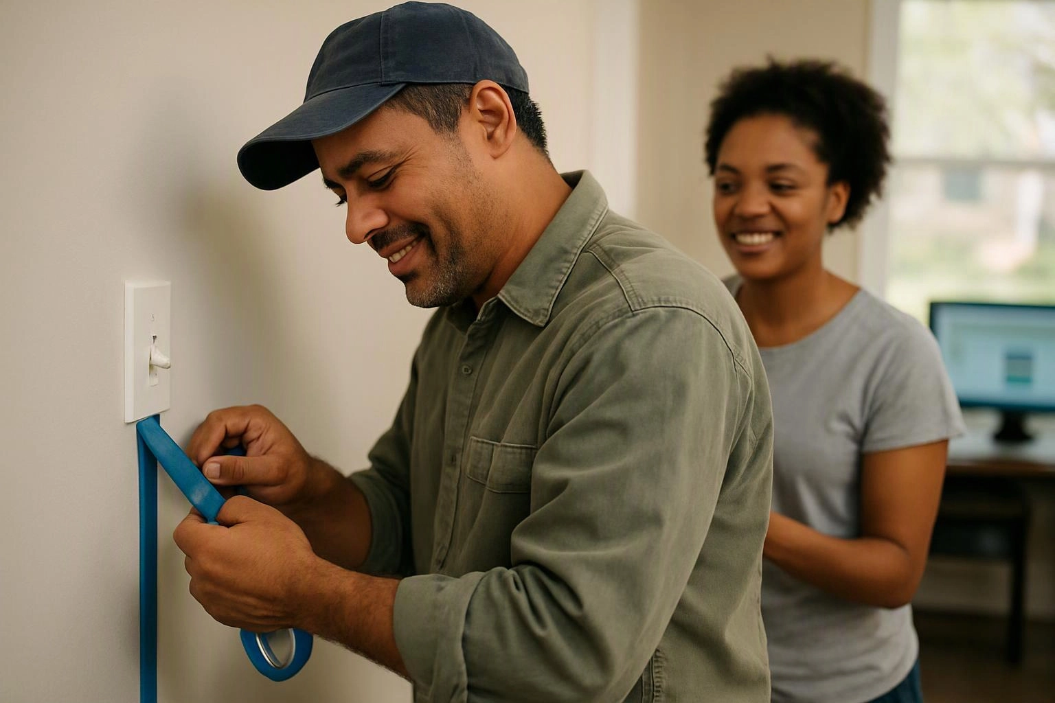 A man tapes a blue cord to a wall outlet while a smiling woman watches nearby