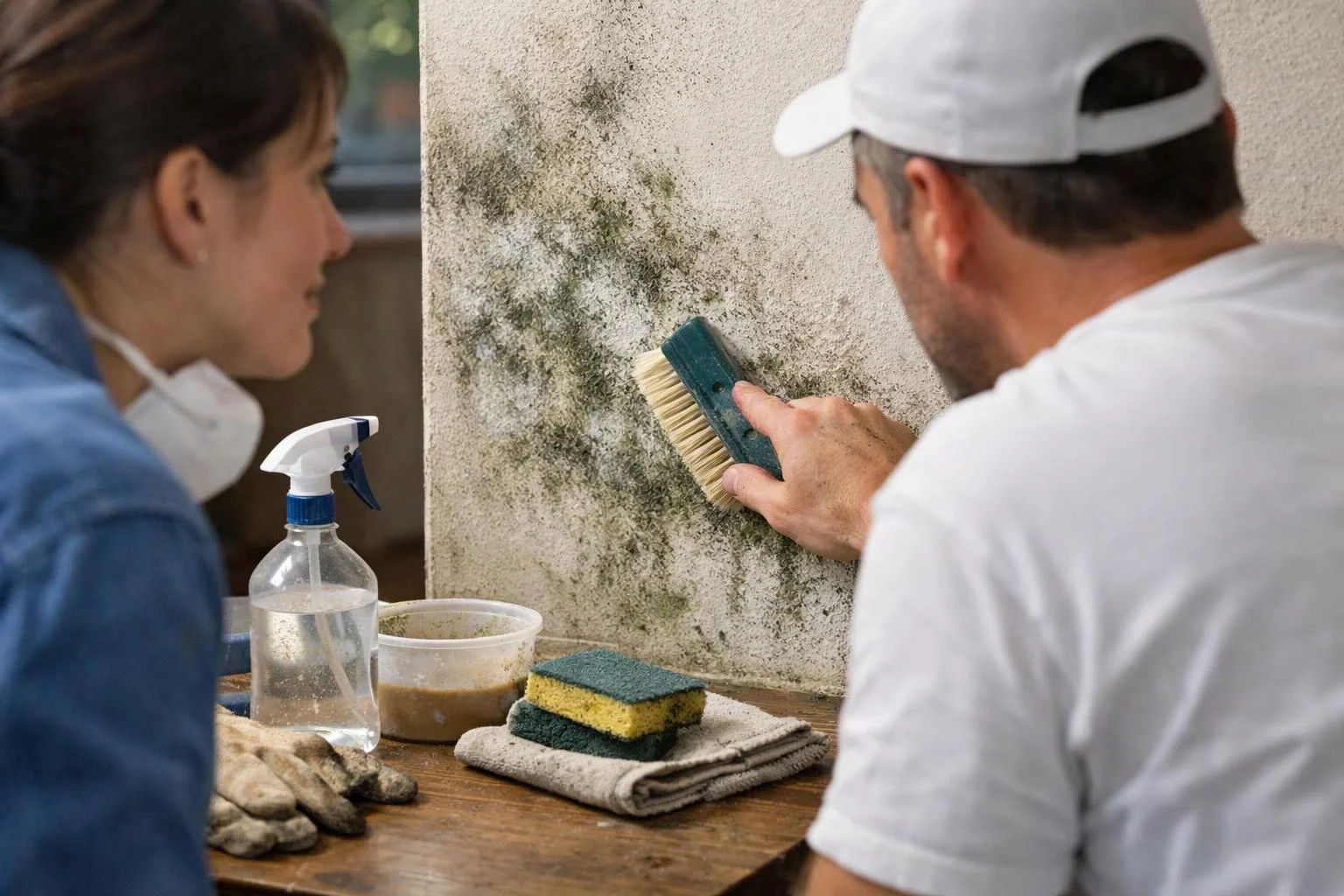 A man scrubs mold off a wall while a woman watches beside cleaning supplies on a wooden table