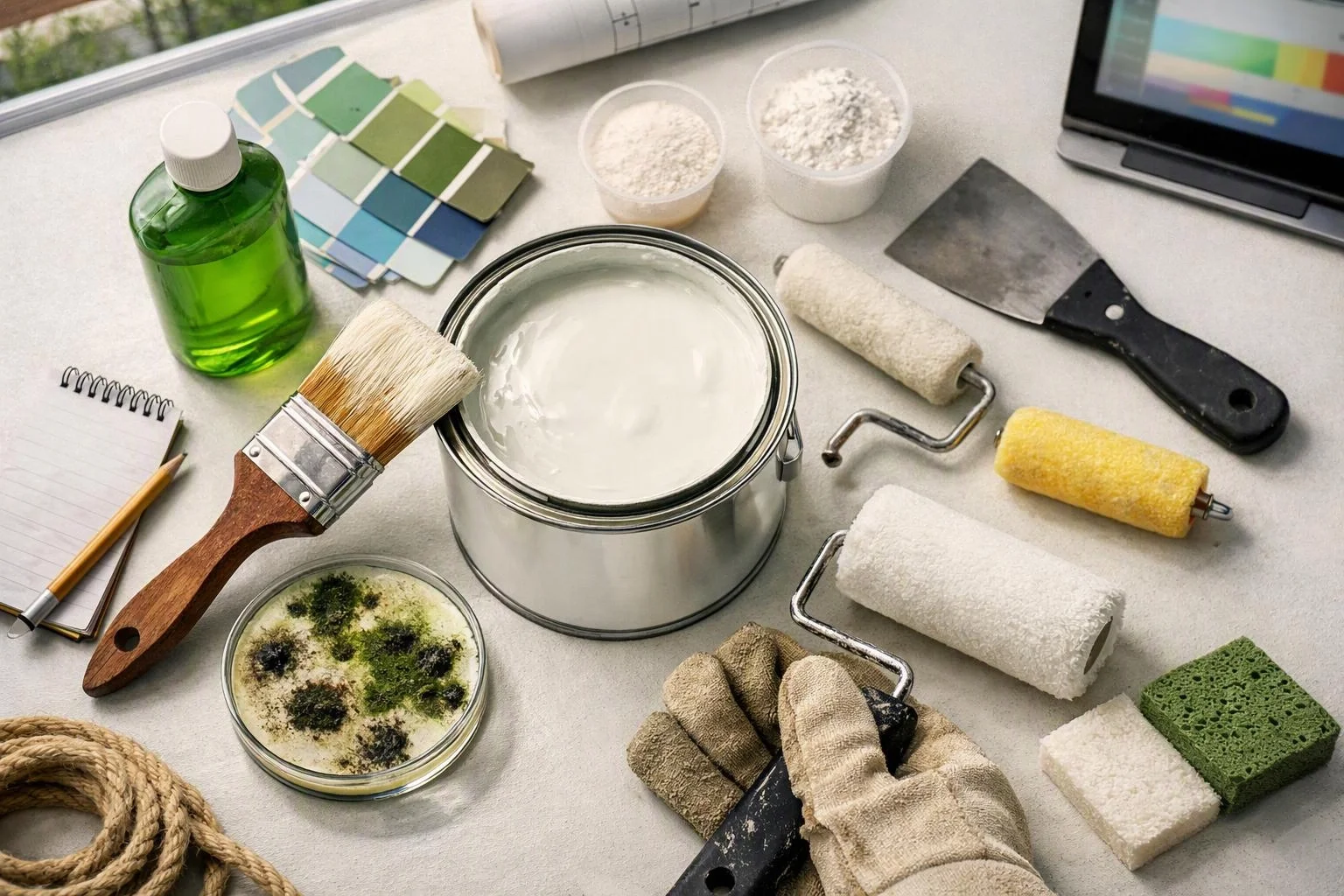 Painting supplies and samples arranged around a paint can, brushes, rollers, gloves, and a color swatch on a table