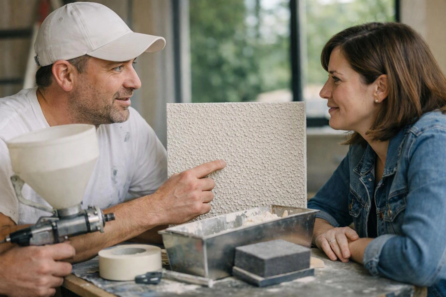 A man in a cap points at a textured sample while a woman in a denim jacket listens at a worktable