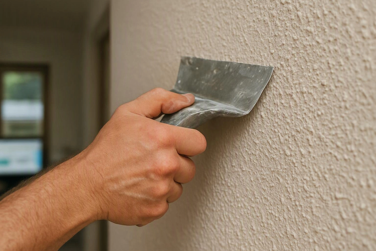 A hand holds a putty knife against a textured wall, scraping or smoothing the surface inside a room
