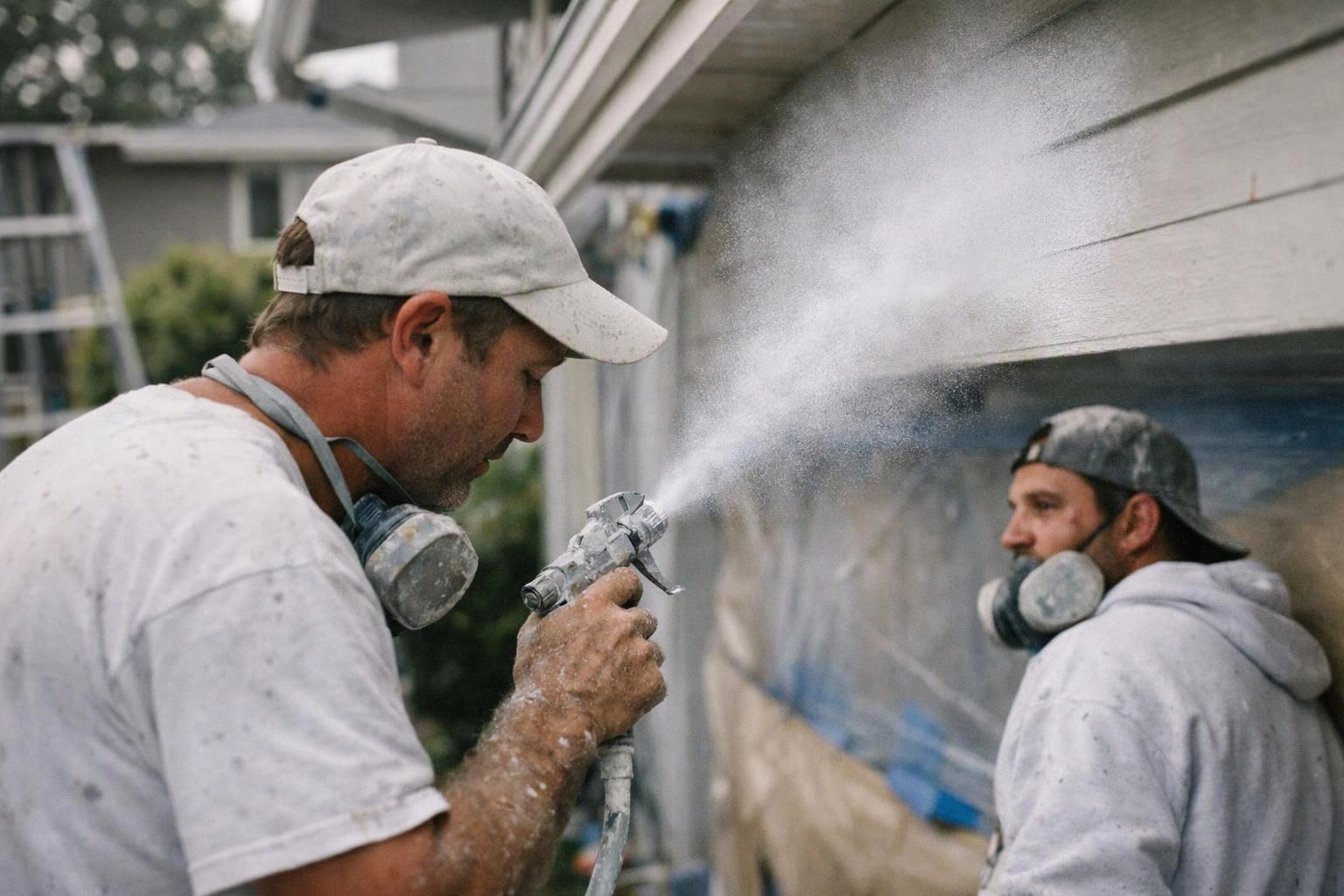 Two men in paint-splattered clothes spray paint a house exterior beside a window and roofline