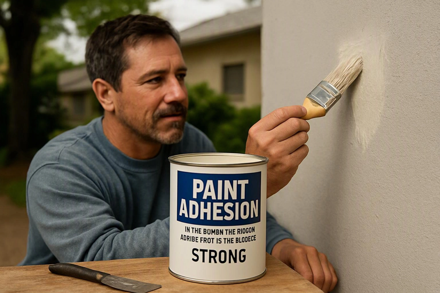 A man paints a wall outdoors beside a labeled can of paint and a putty knife on a table