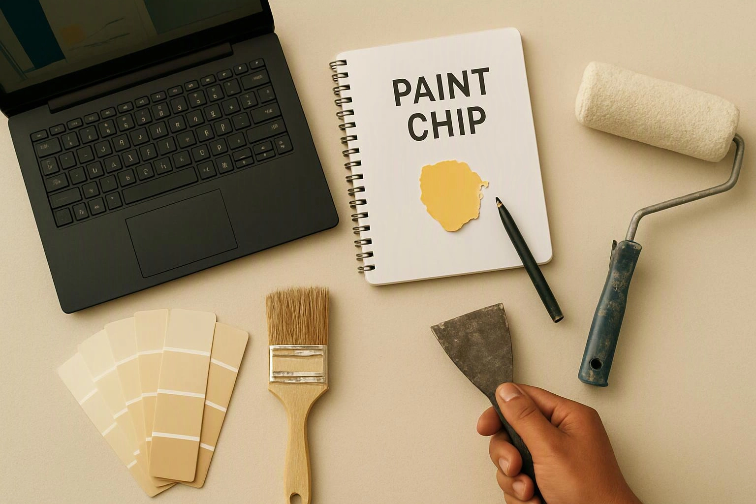 A hand holds a putty knife beside paint supplies, a laptop, color swatches, and a notebook labeled PAINT CHIP