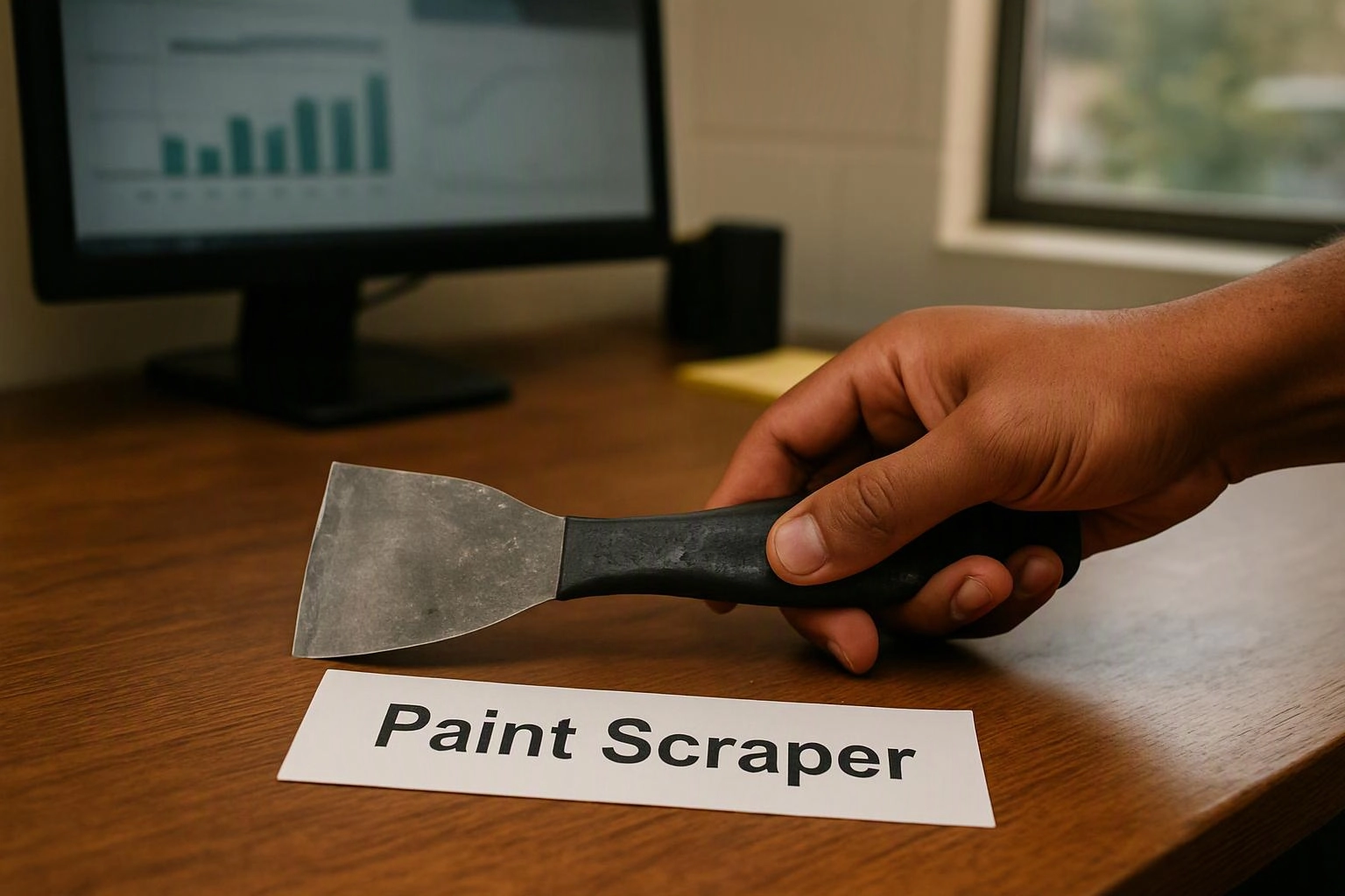 A hand holds a metal paint scraper over a desk, with a computer monitor and window in the background