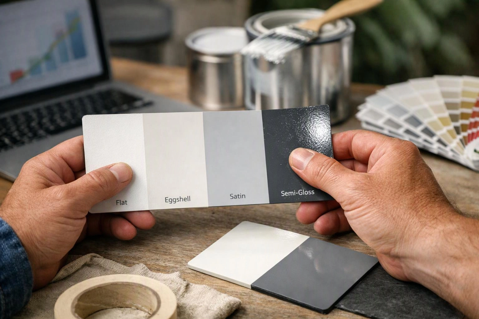 Hands compare paint finish swatches at a desk with a laptop and color samples in the background