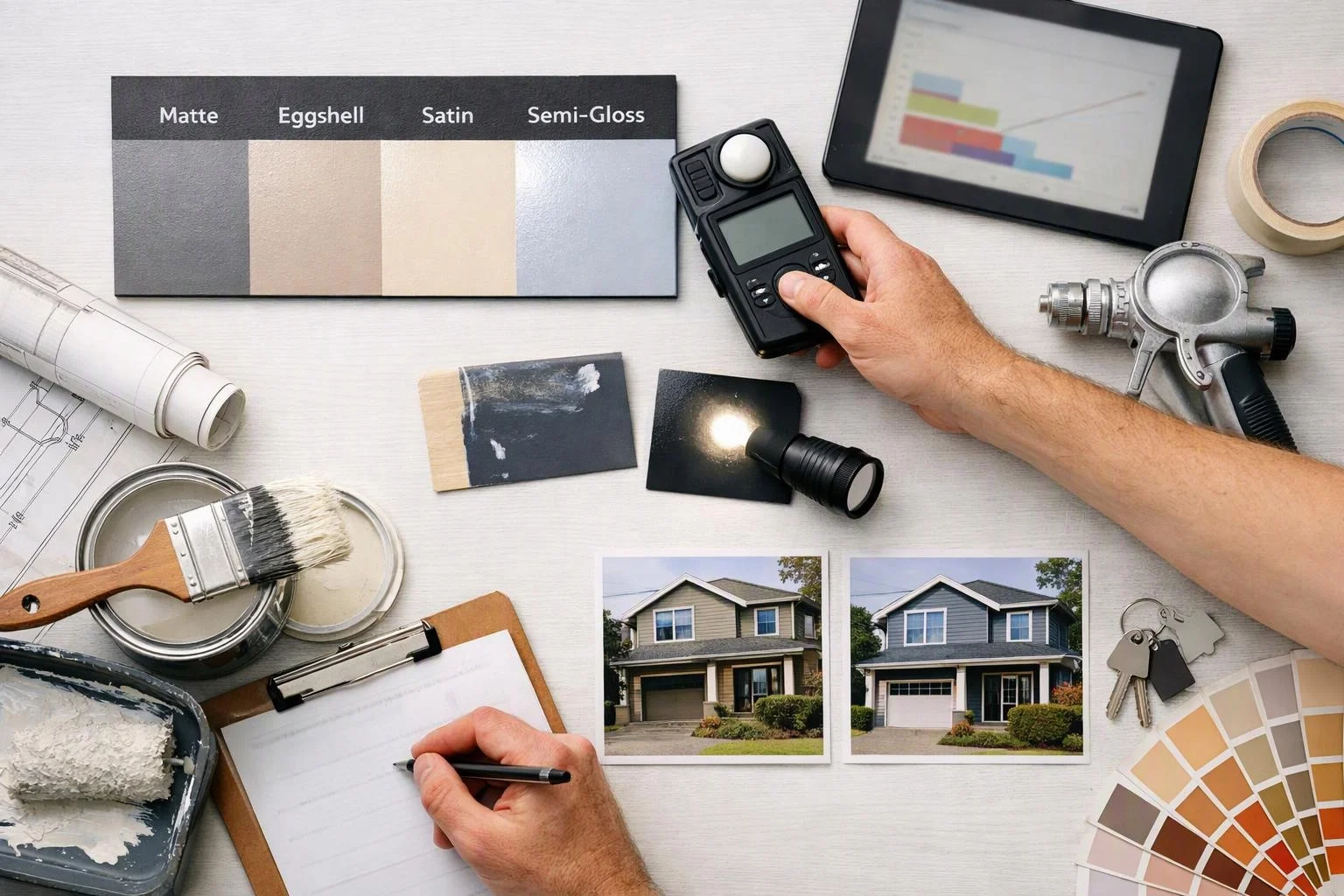 Hands compare paint samples, tools, and house photos on a white table, with a tablet and color chart nearby