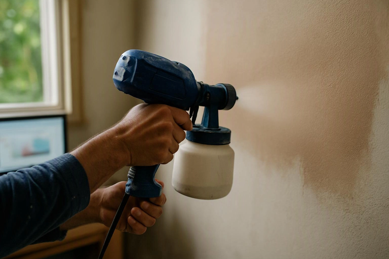 A person sprays paint onto a wall with a handheld paint sprayer near a window