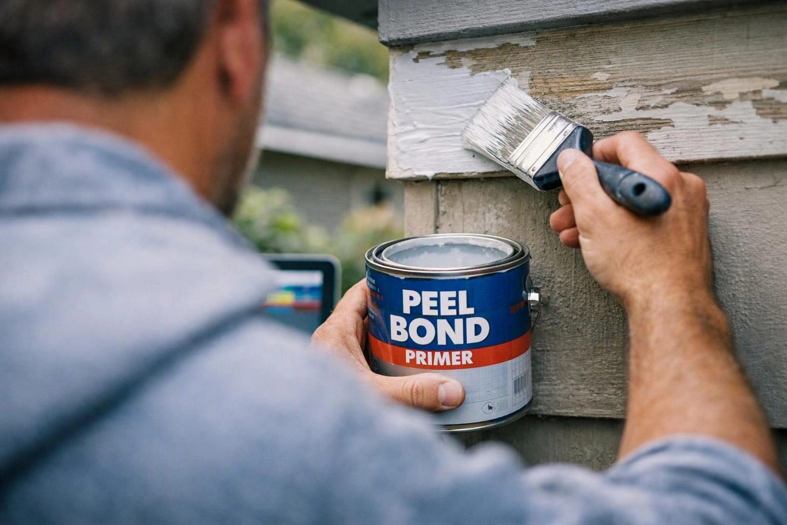 A man paints peeling wood trim with a brush while holding a can of primer beside the wall