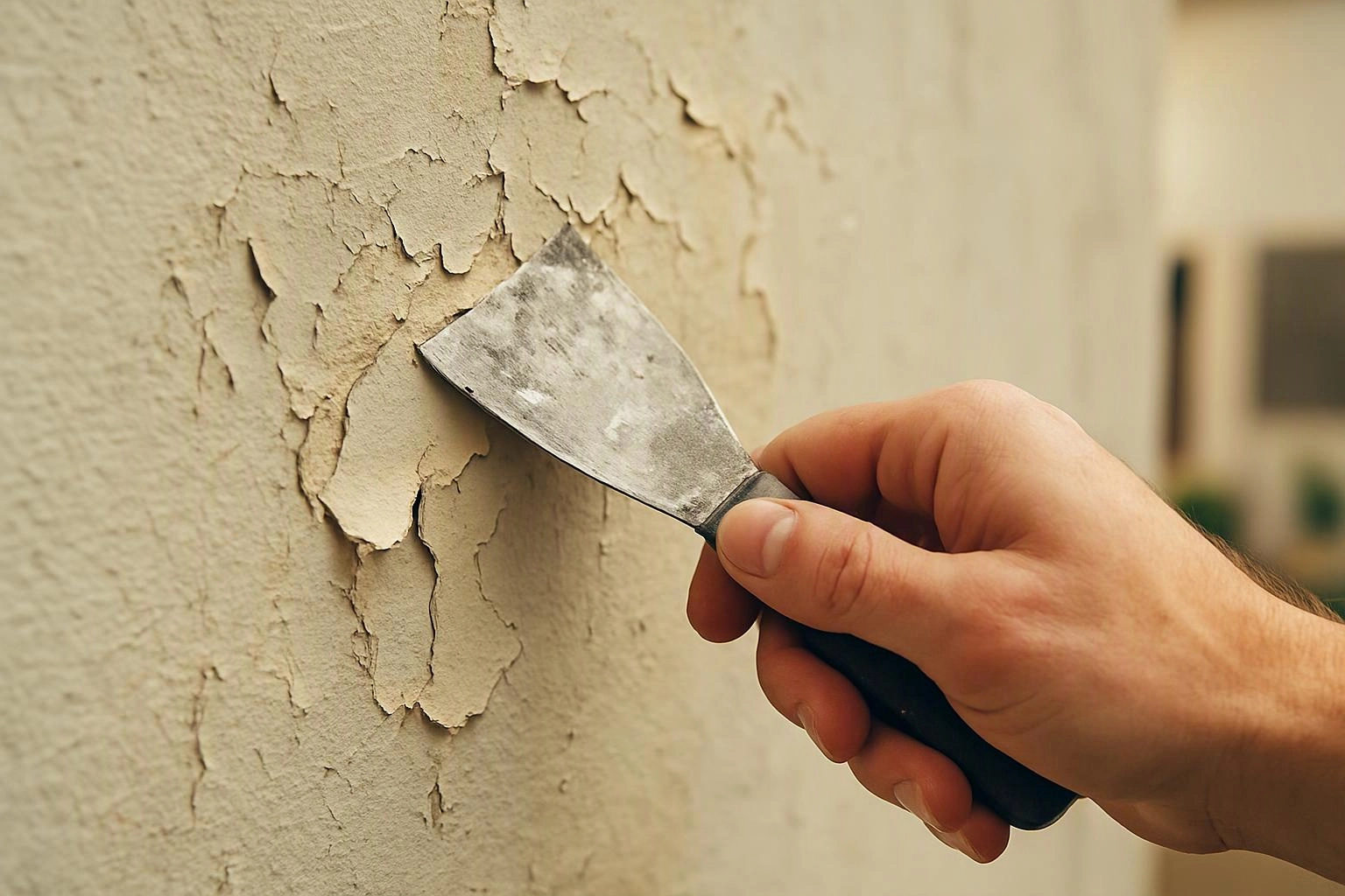A hand uses a putty knife to scrape peeling paint from a wall