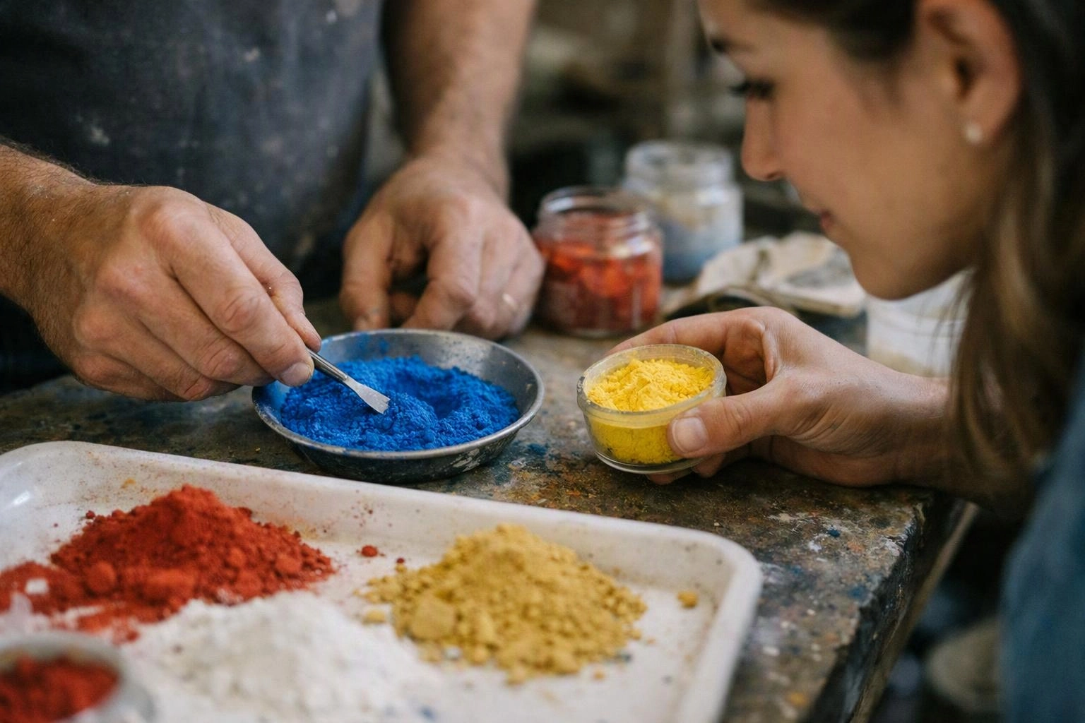 Two people mix bright powdered pigments in metal bowls at a paint-splattered worktable