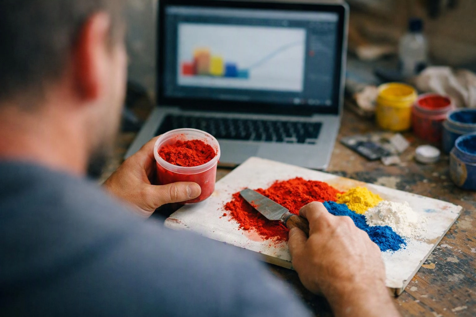 A person mixes bright powder pigments with a putty knife beside a laptop on a messy worktable