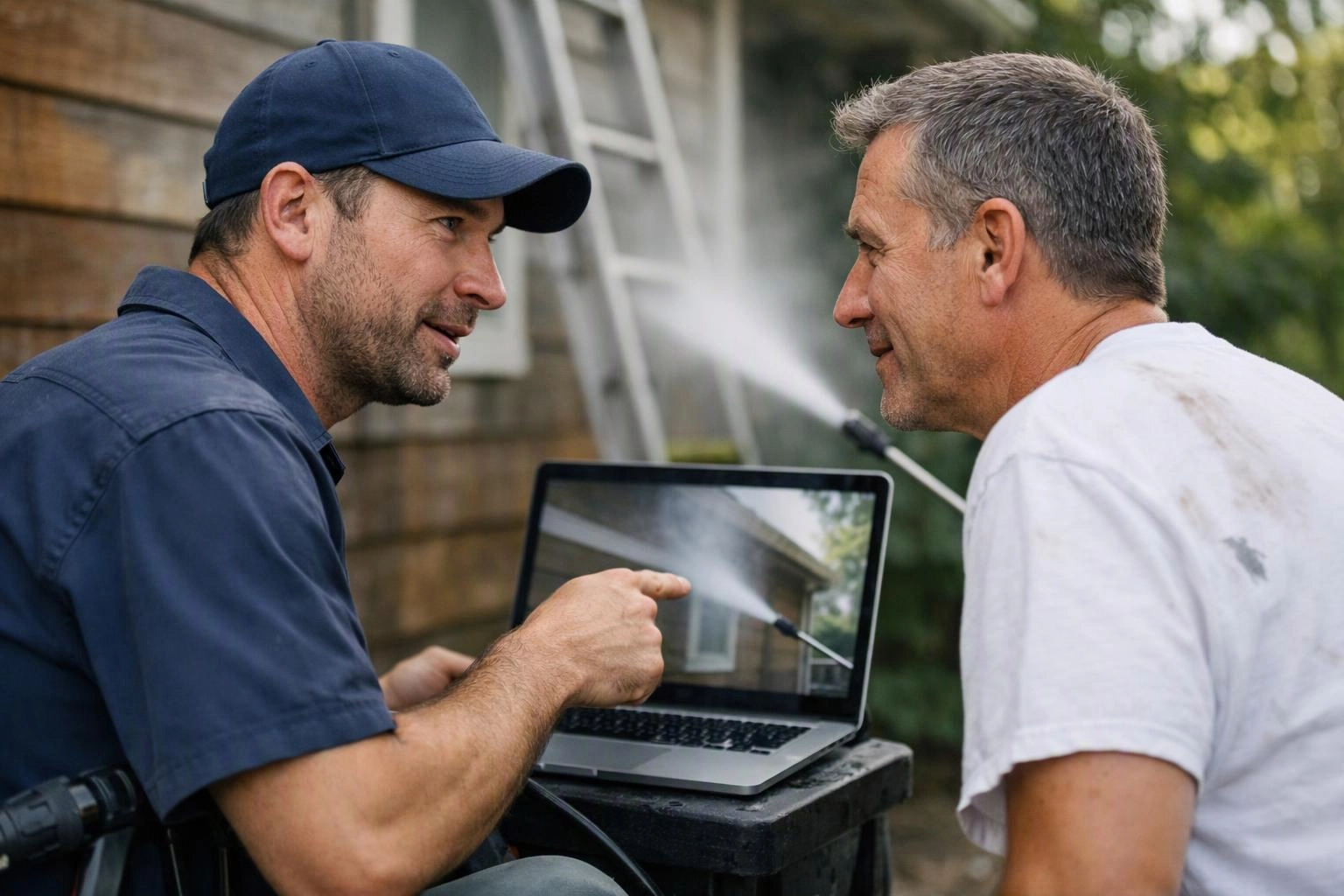 Two men talk beside a laptop while one points at a power washer spraying a house exterior