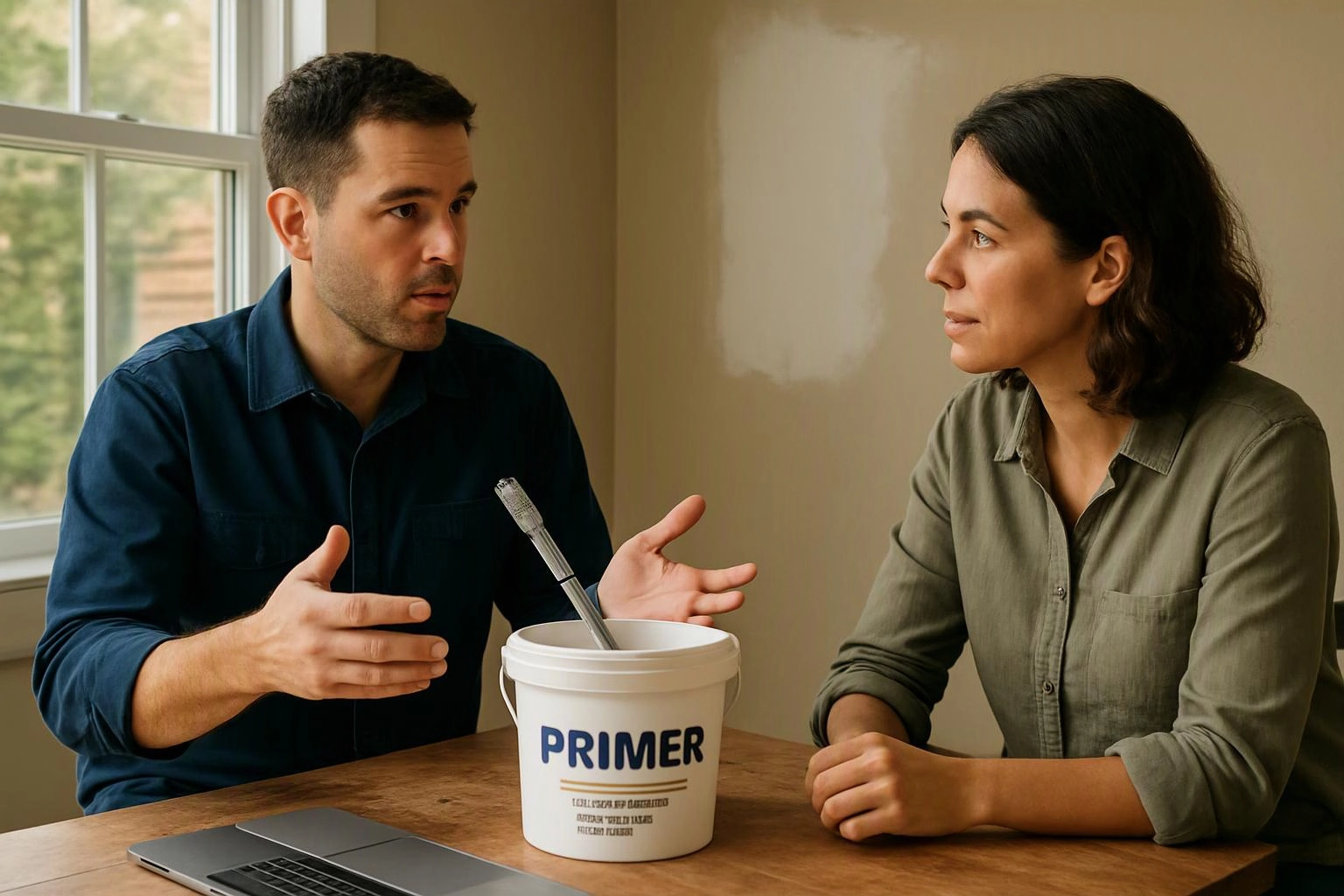 A man and woman talk at a table beside a paint bucket labeled “PRIMER” and a brush, near a window