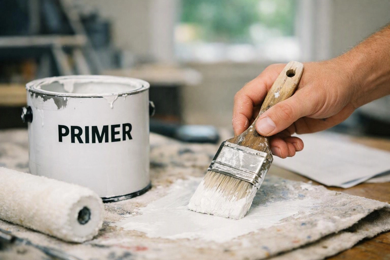 A hand paints white primer on a work surface beside a paint can labeled PRIMER and a roller