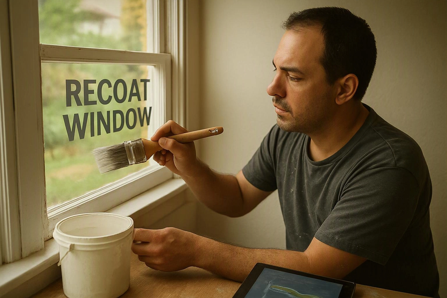 A man paints a window frame indoors beside a bucket, with “RECOAT WINDOW” visible on the glass