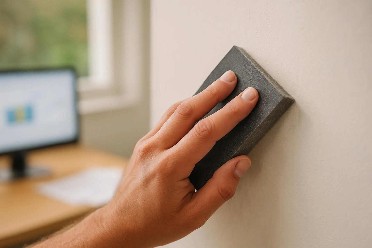 A hand presses a black sanding block against a white wall near a blurred desk and monitor