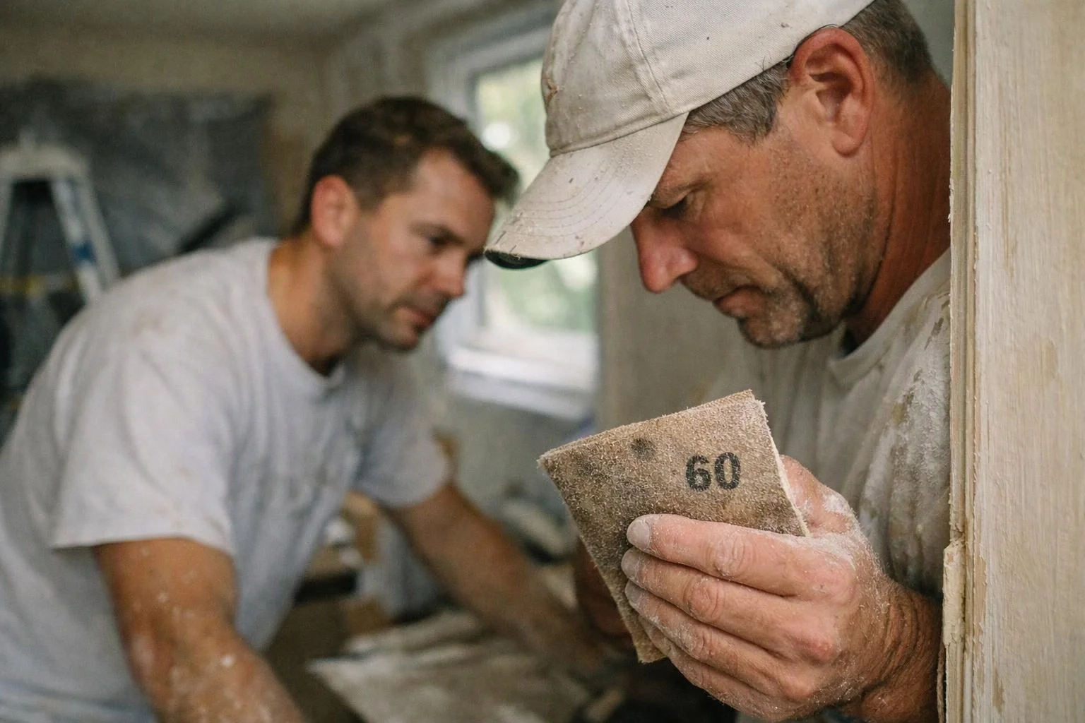 Two men sand wooden trim inside a dusty room