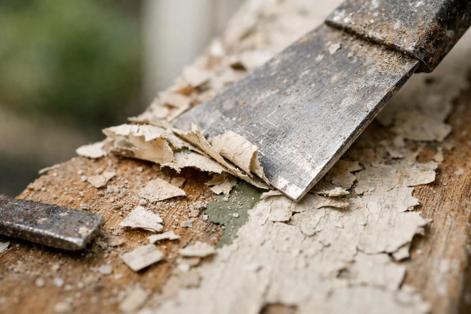A metal paint scraper peels old paint from a weathered wooden surface