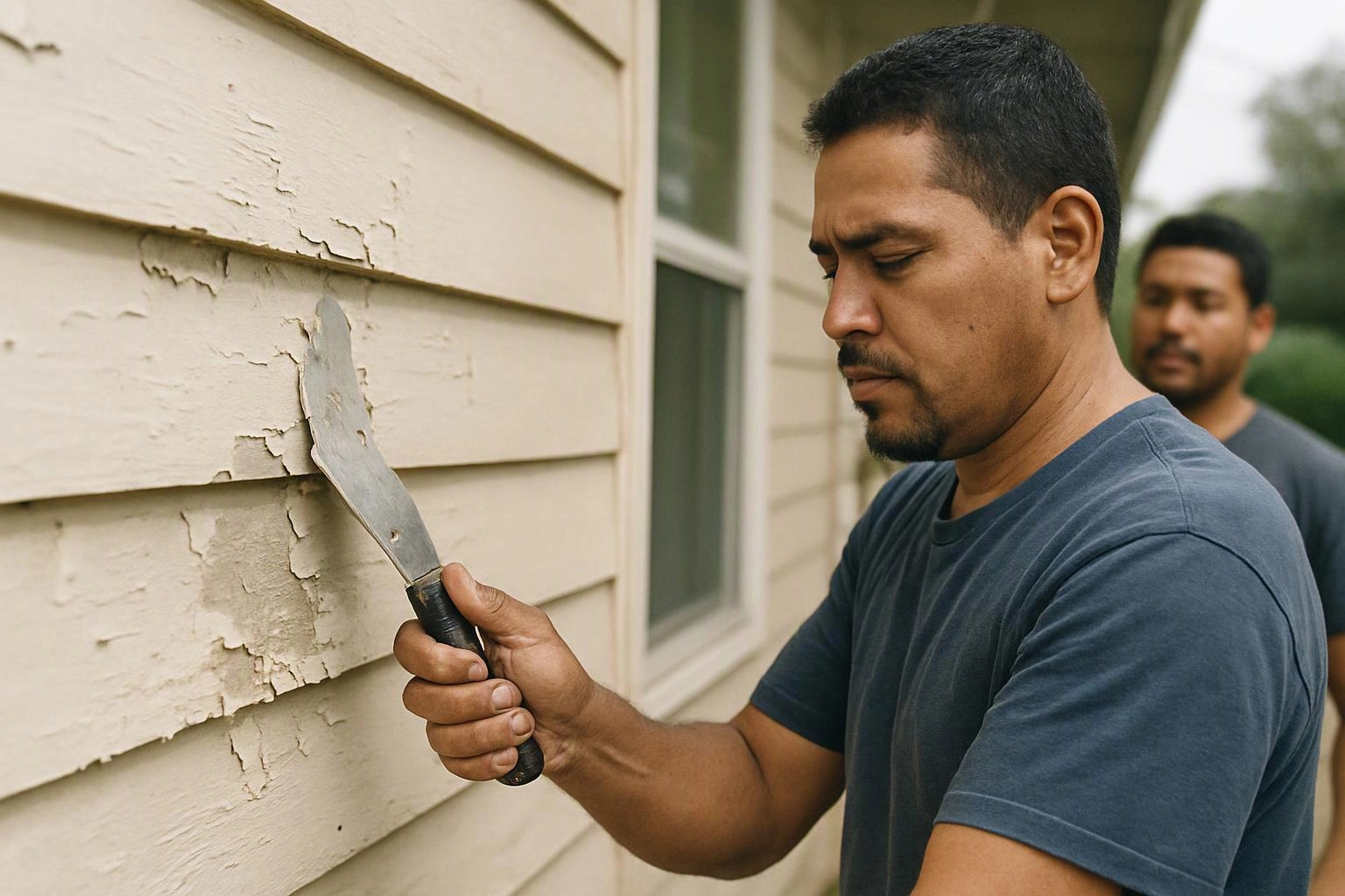A man scrapes peeling paint from an exterior wall while another man stands behind him