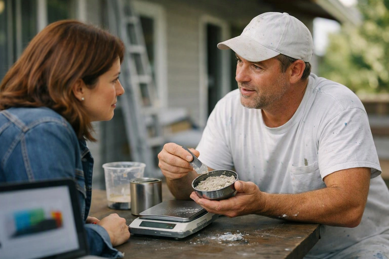 A man in a white cap measures powder in a bowl while speaking to a woman at a worktable outdoors