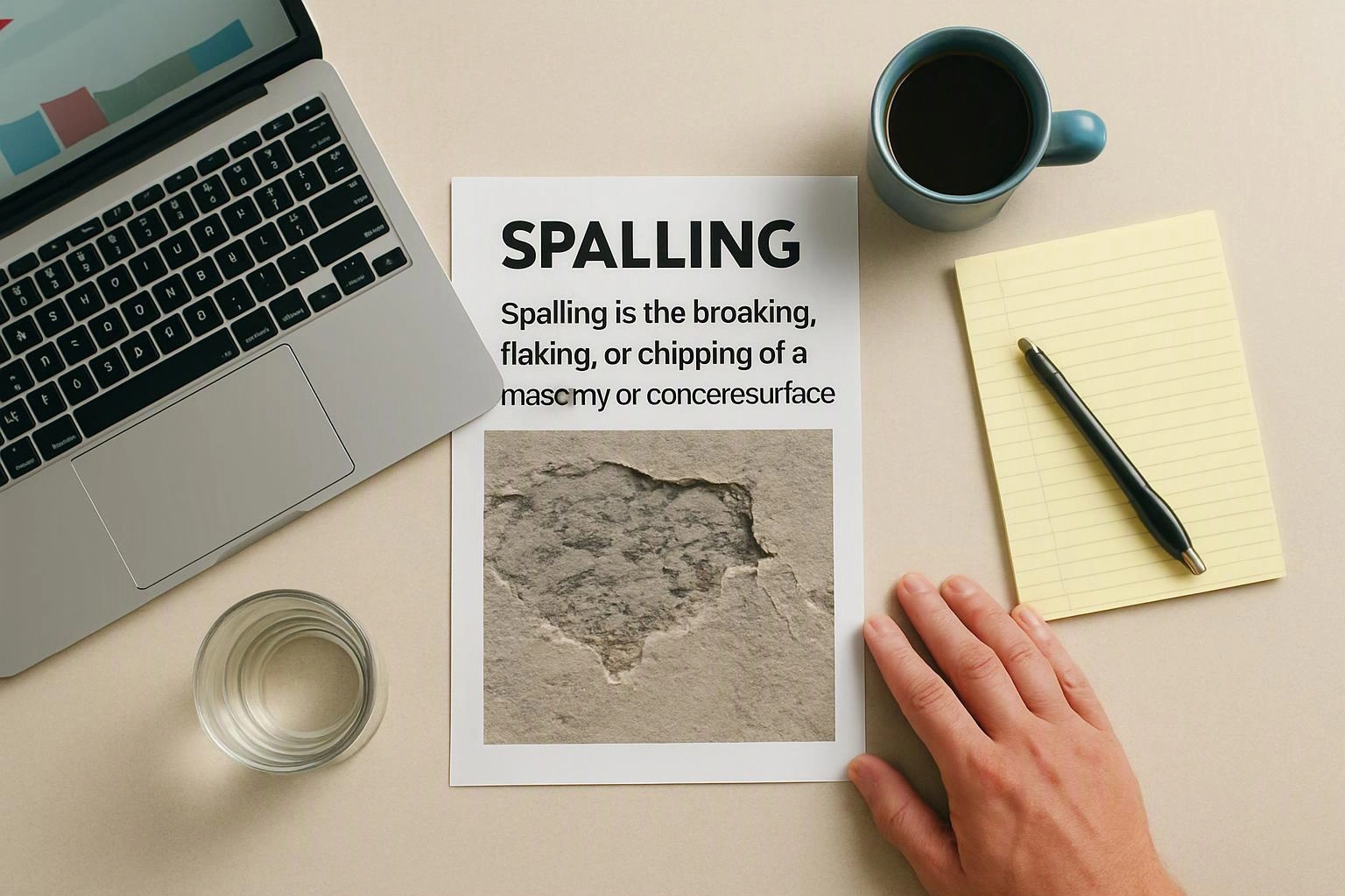 A desk shows a laptop, coffee mug, notepad, glass, and a paper about spalling with a damaged surface photo