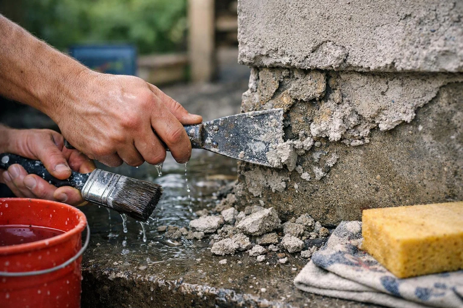 Hands chip crumbling concrete with a trowel while a wet brush and red bucket sit beside the wall