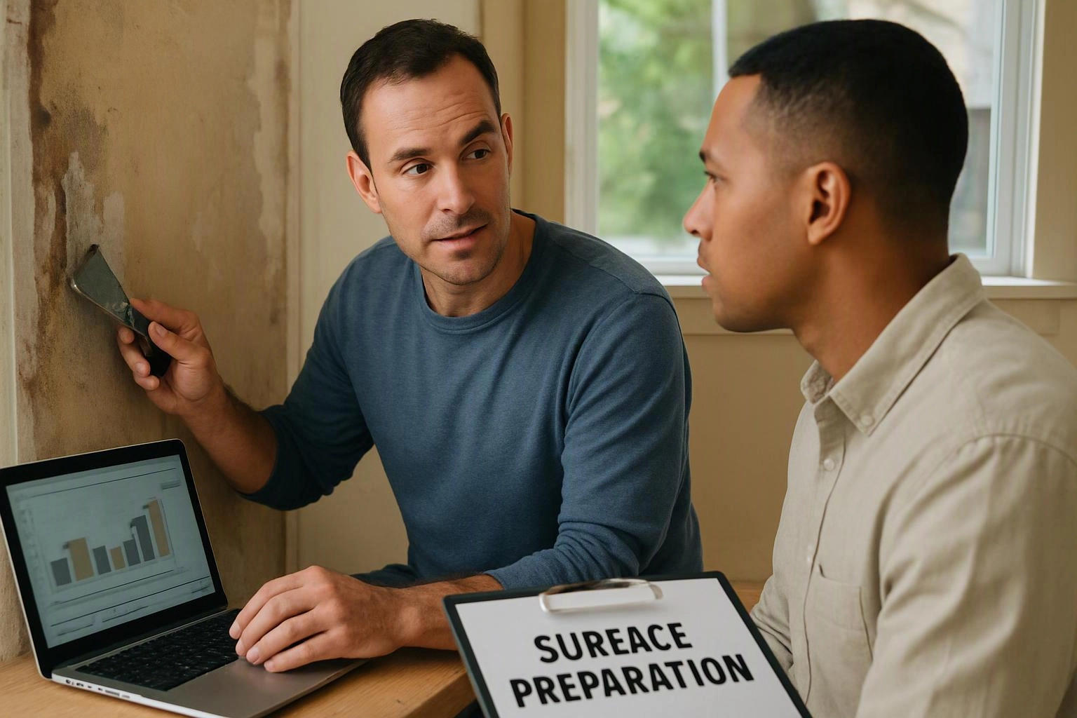 Two men discuss wall prep beside a laptop chart and a clipboard labeled “SUREACE PREPARATION”