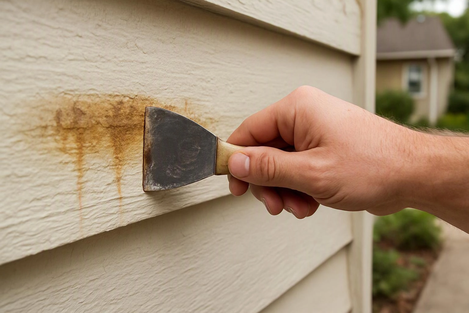 A hand scrapes rust stains off beige house siding with a metal putty knife